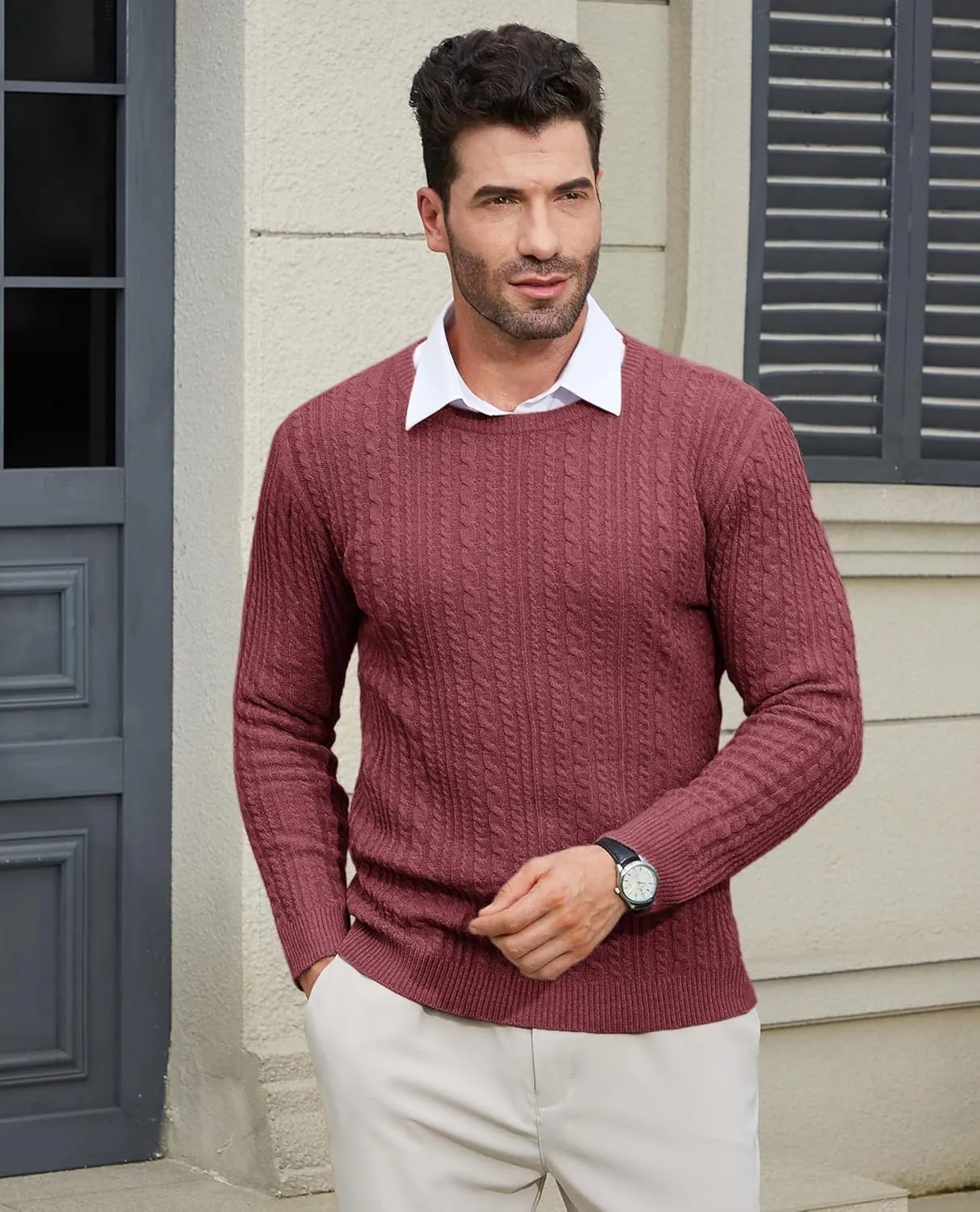 Mens Sweater Crewneck Sweaters for Men Dress Sweater Cable Knit Sweater Lightweight Mens Pullover Sweater