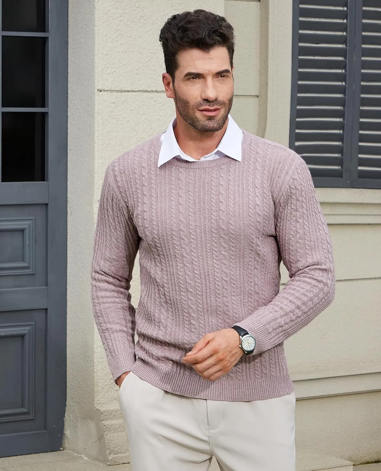 Mens Sweater Crewneck Sweaters for Men Dress Sweater Cable Knit Sweater Lightweight Mens Pullover Sweater