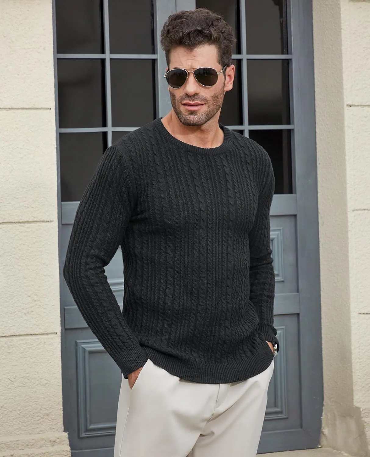 Mens Sweater Crewneck Sweaters for Men Dress Sweater Cable Knit Sweater Lightweight Mens Pullover Sweater
