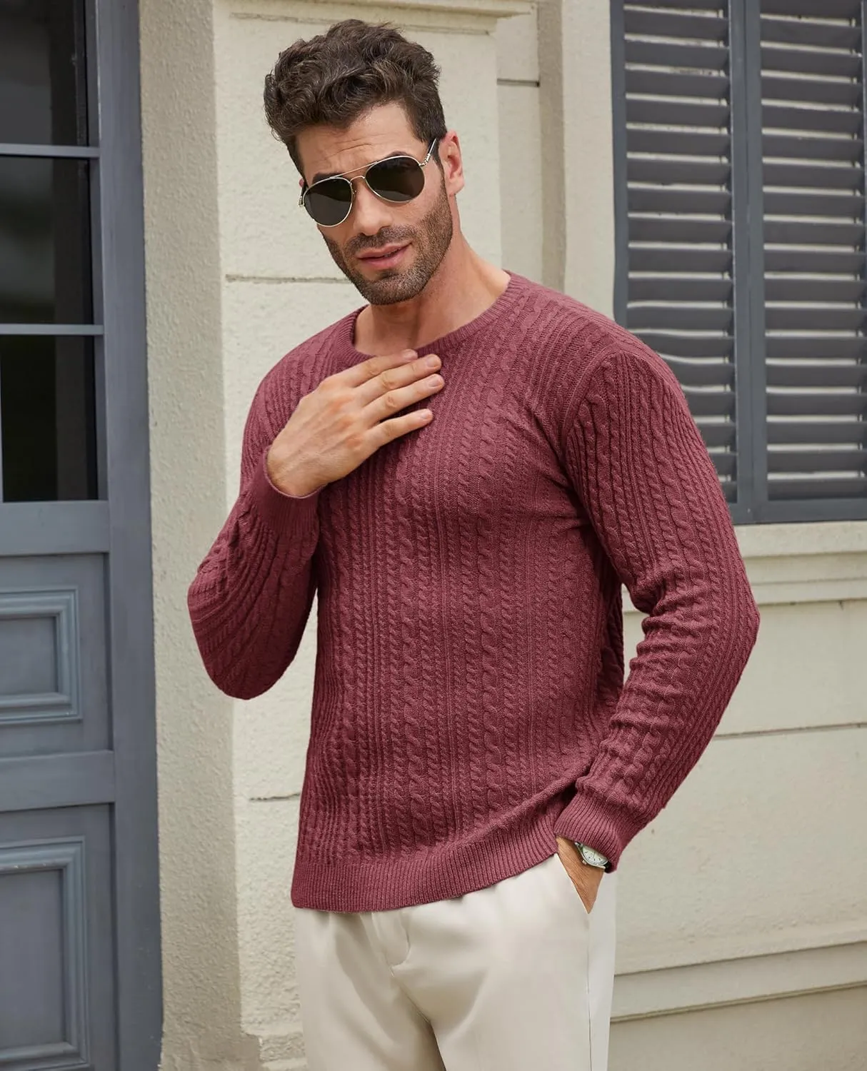 Mens Sweater Crewneck Sweaters for Men Dress Sweater Cable Knit Sweater Lightweight Mens Pullover Sweater