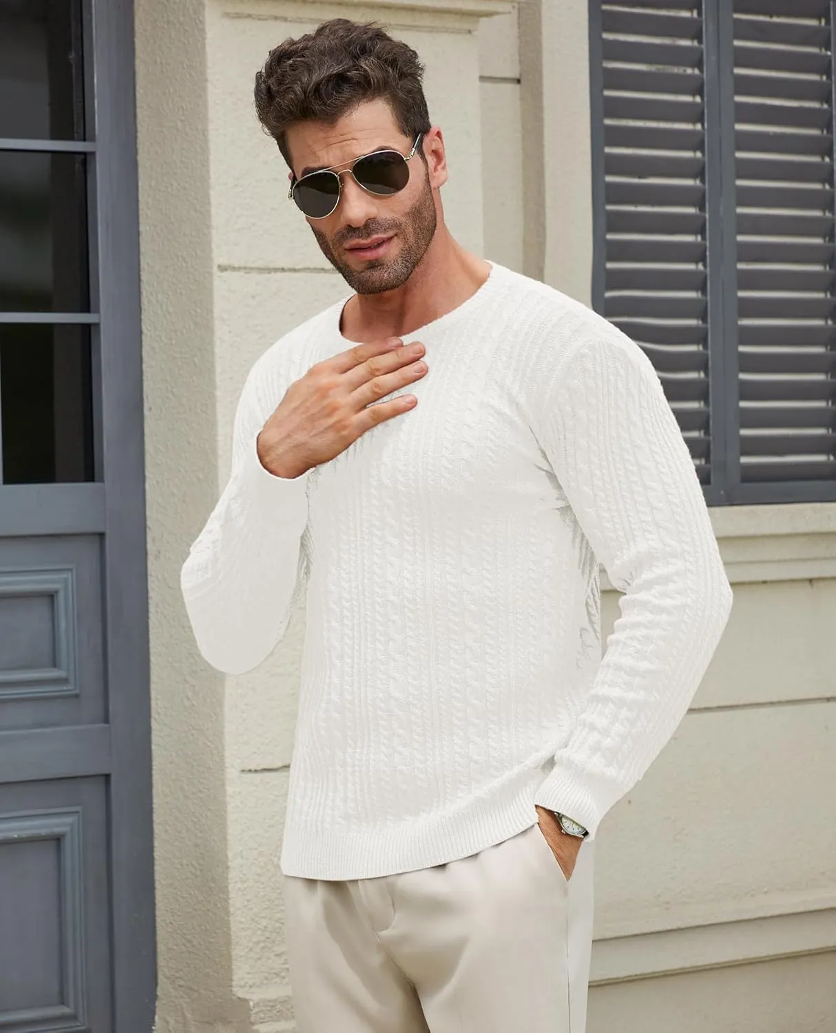 Mens Sweater Crewneck Sweaters for Men Dress Sweater Cable Knit Sweater Lightweight Mens Pullover Sweater