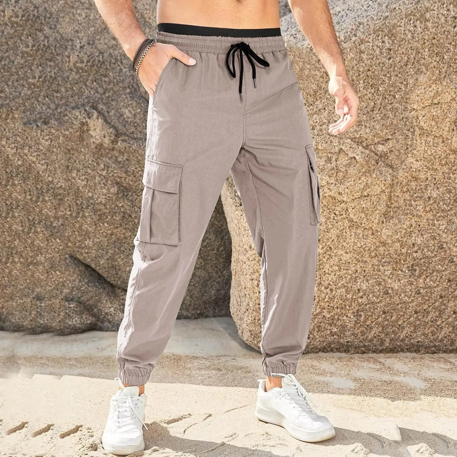 Mens Tapered Cargo Trousers Tactical Hiking Overalls Dressy Casual Military Sweatpants Lightweight Drawstring Multi-Pockets