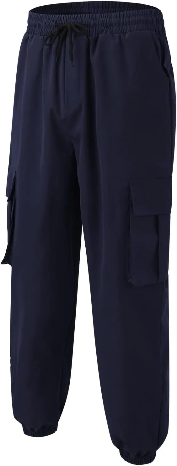 Mens Tapered Cargo Trousers Tactical Hiking Overalls Dressy Casual Military Sweatpants Lightweight Drawstring Multi-Pockets