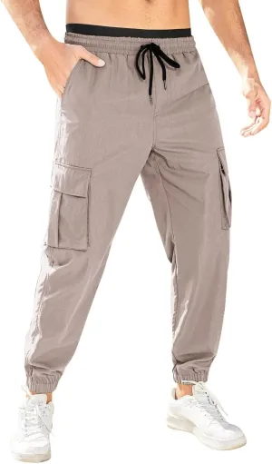 Mens Tapered Cargo Trousers Tactical Hiking Overalls Dressy Casual Military Sweatpants Lightweight Drawstring Multi-Pockets