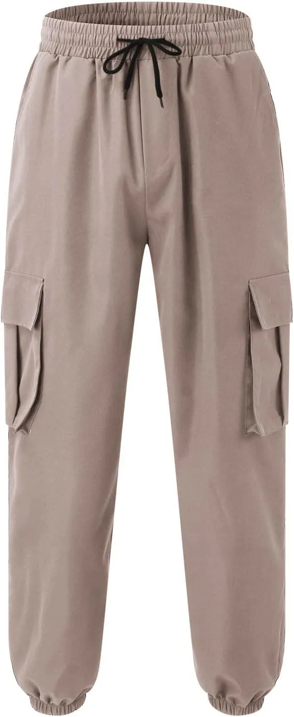 Mens Tapered Cargo Trousers Tactical Hiking Overalls Dressy Casual Military Sweatpants Lightweight Drawstring Multi-Pockets