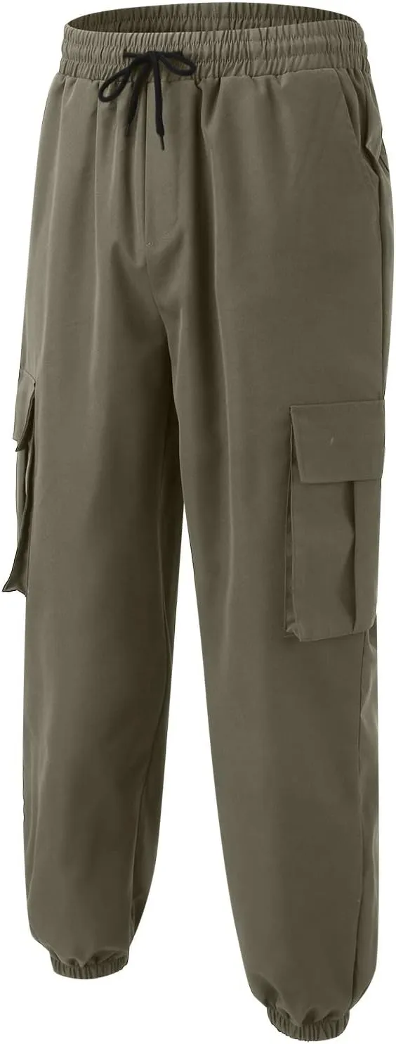 Mens Tapered Cargo Trousers Tactical Hiking Overalls Dressy Casual Military Sweatpants Lightweight Drawstring Multi-Pockets