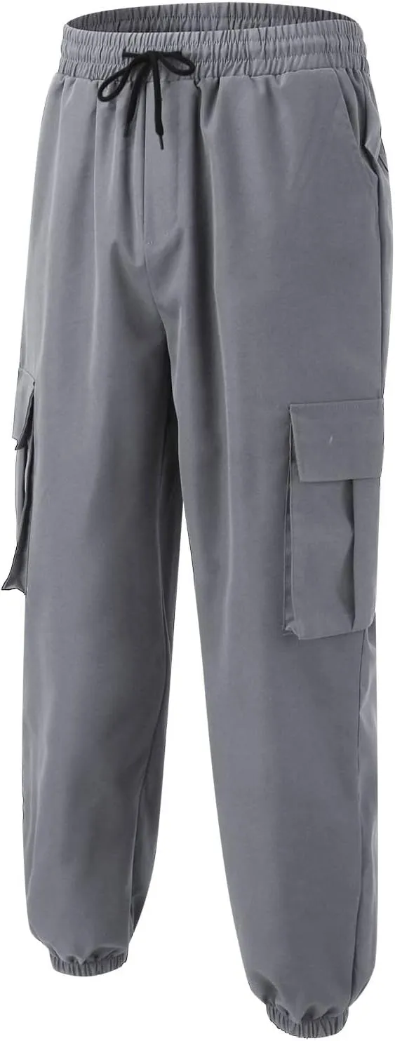 Mens Tapered Cargo Trousers Tactical Hiking Overalls Dressy Casual Military Sweatpants Lightweight Drawstring Multi-Pockets