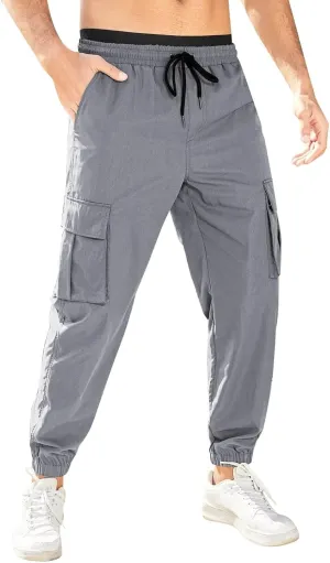 Mens Tapered Cargo Trousers Tactical Hiking Overalls Dressy Casual Military Sweatpants Lightweight Drawstring Multi-Pockets