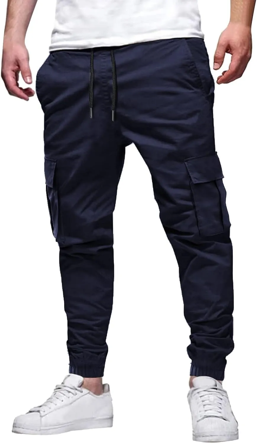 Mens Tapered Cargo Trousers Tactical Hiking Overalls Dressy Casual Military Sweatpants Lightweight Drawstring Multi-Pockets