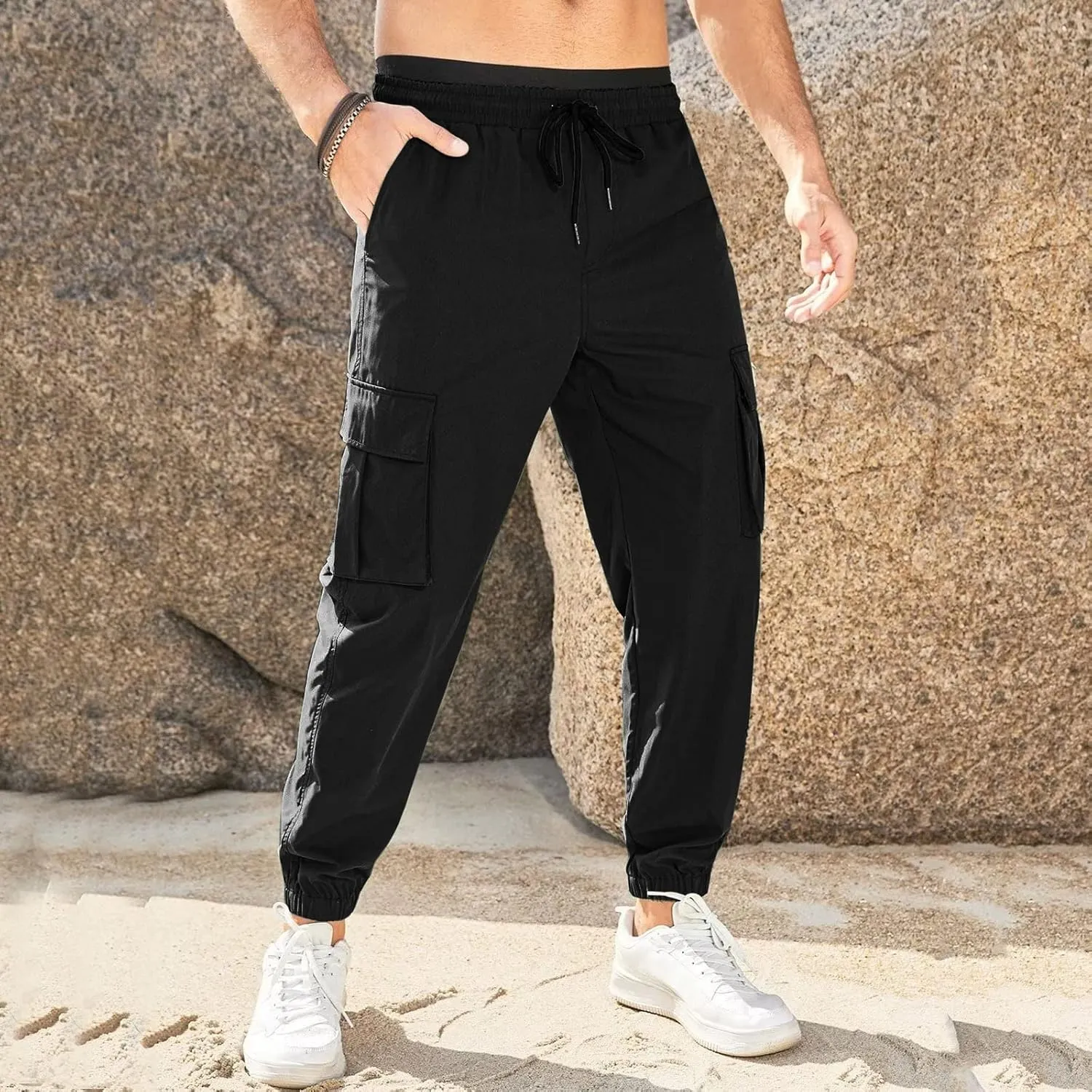 Mens Tapered Cargo Trousers Tactical Hiking Overalls Dressy Casual Military Sweatpants Lightweight Drawstring Multi-Pockets