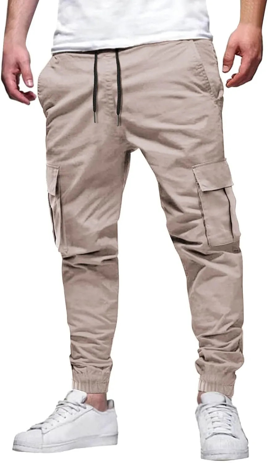 Mens Tapered Cargo Trousers Tactical Hiking Overalls Dressy Casual Military Sweatpants Lightweight Drawstring Multi-Pockets