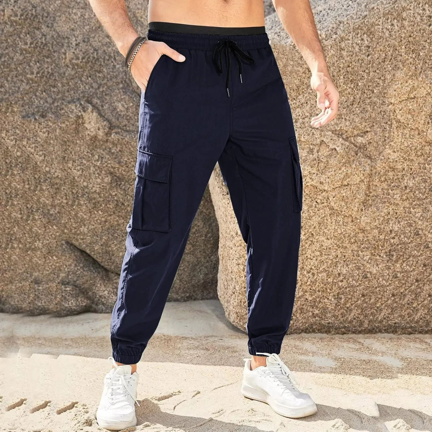 Mens Tapered Cargo Trousers Tactical Hiking Overalls Dressy Casual Military Sweatpants Lightweight Drawstring Multi-Pockets