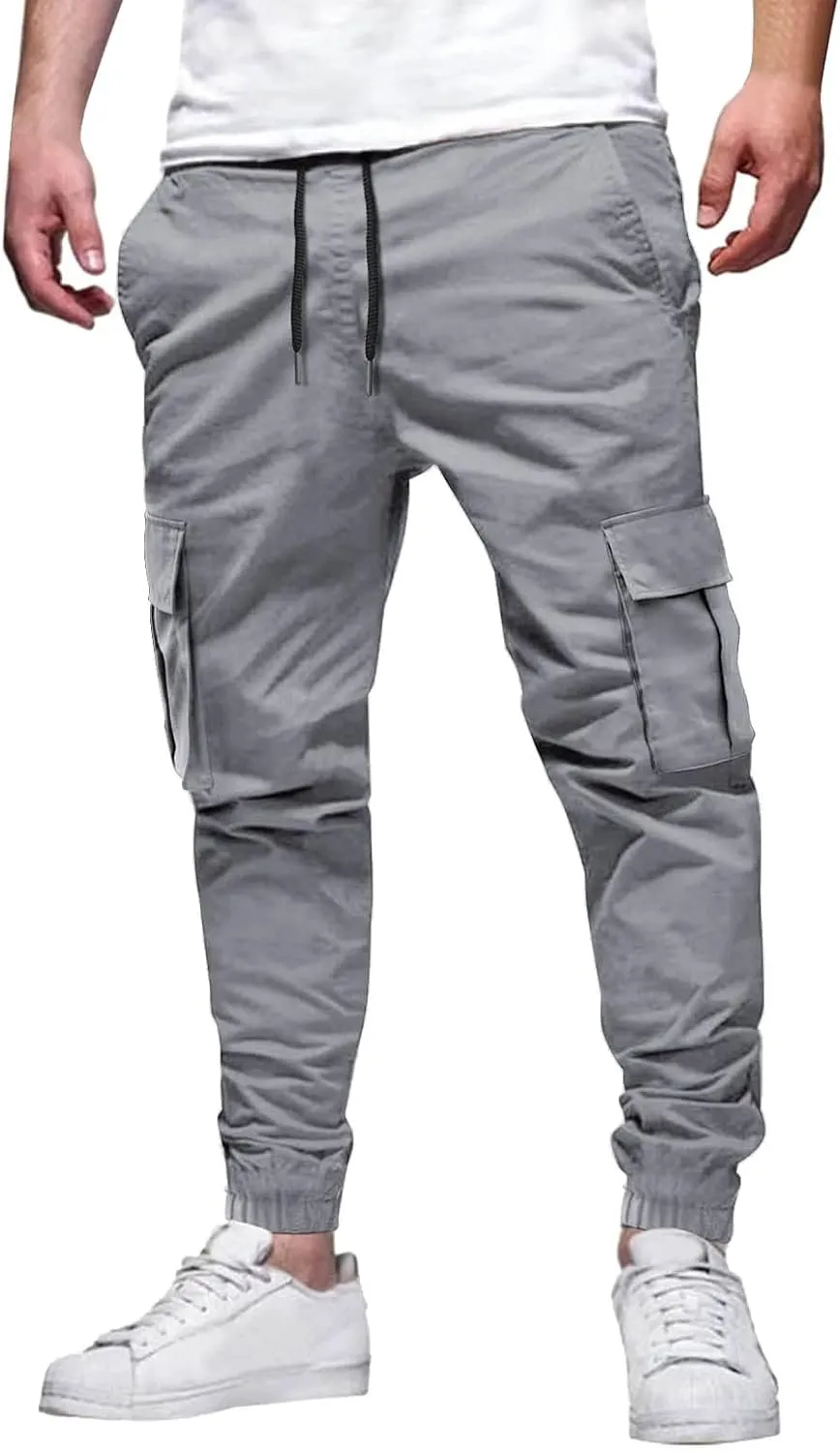 Mens Tapered Cargo Trousers Tactical Hiking Overalls Dressy Casual Military Sweatpants Lightweight Drawstring Multi-Pockets