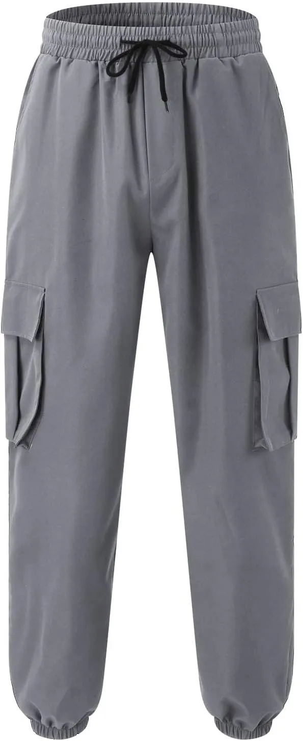 Mens Tapered Cargo Trousers Tactical Hiking Overalls Dressy Casual Military Sweatpants Lightweight Drawstring Multi-Pockets