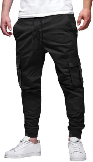 Mens Tapered Cargo Trousers Tactical Hiking Overalls Dressy Casual Military Sweatpants Lightweight Drawstring Multi-Pockets
