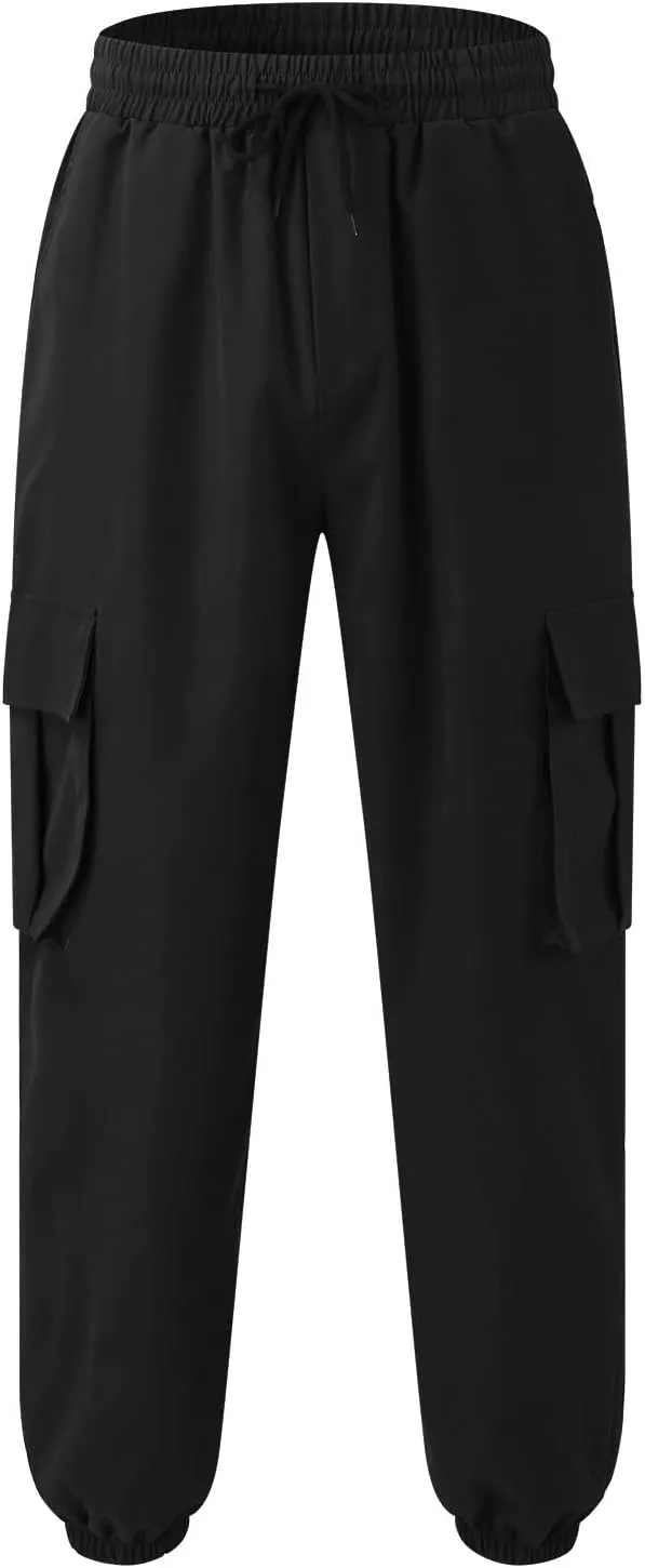 Mens Tapered Cargo Trousers Tactical Hiking Overalls Dressy Casual Military Sweatpants Lightweight Drawstring Multi-Pockets