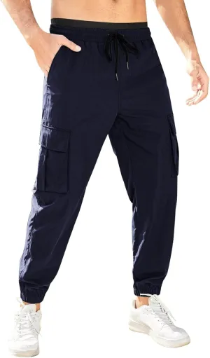 Mens Tapered Cargo Trousers Tactical Hiking Overalls Dressy Casual Military Sweatpants Lightweight Drawstring Multi-Pockets