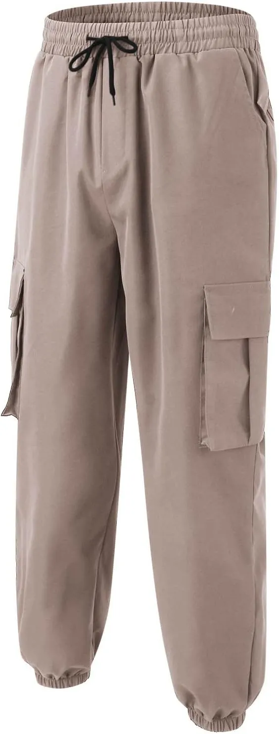 Mens Tapered Cargo Trousers Tactical Hiking Overalls Dressy Casual Military Sweatpants Lightweight Drawstring Multi-Pockets