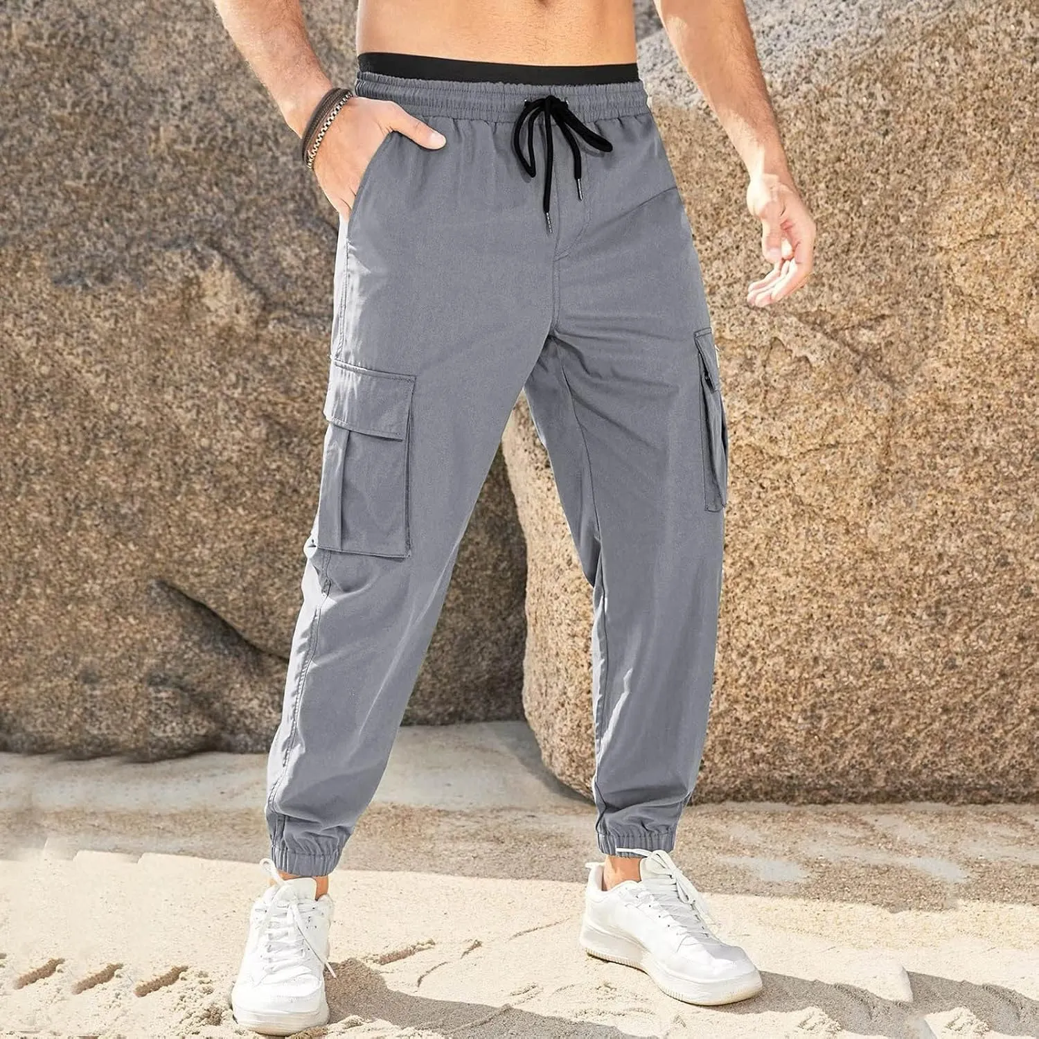 Mens Tapered Cargo Trousers Tactical Hiking Overalls Dressy Casual Military Sweatpants Lightweight Drawstring Multi-Pockets