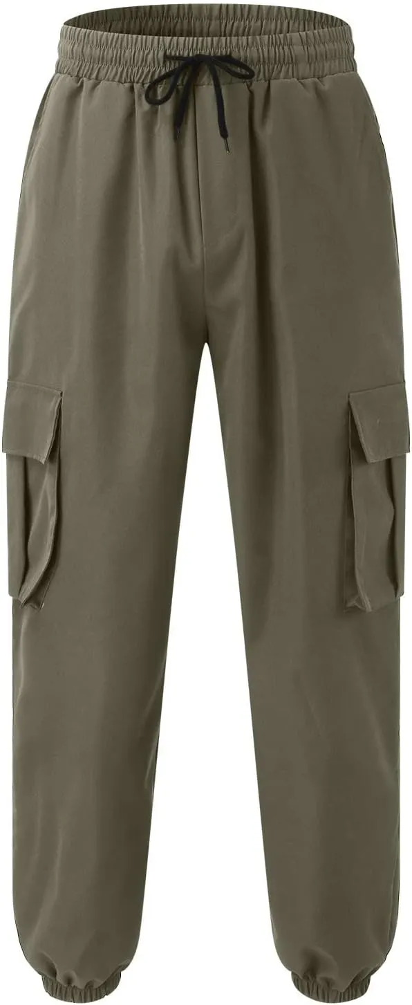 Mens Tapered Cargo Trousers Tactical Hiking Overalls Dressy Casual Military Sweatpants Lightweight Drawstring Multi-Pockets
