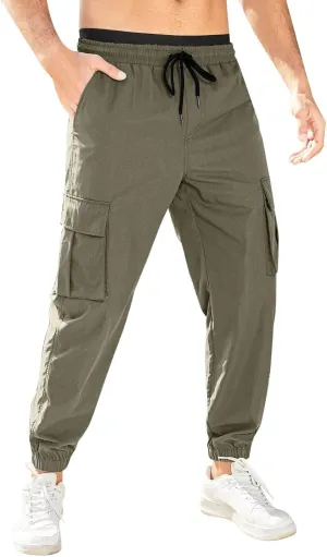 Mens Tapered Cargo Trousers Tactical Hiking Overalls Dressy Casual Military Sweatpants Lightweight Drawstring Multi-Pockets