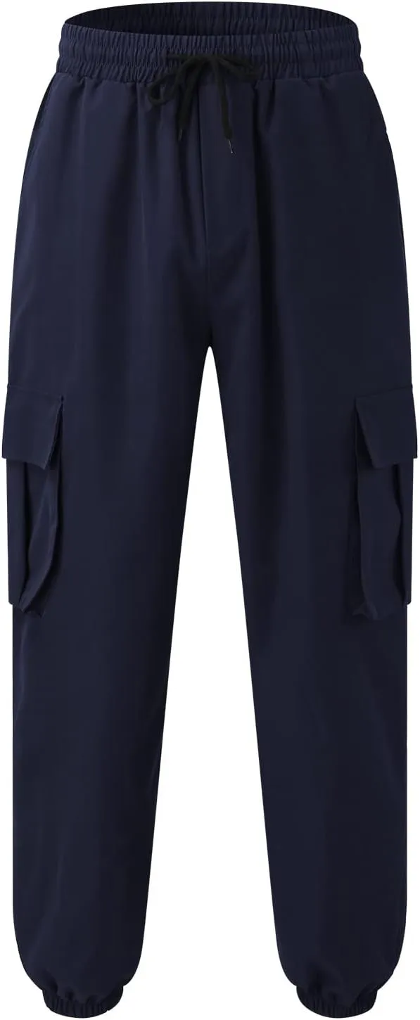 Mens Tapered Cargo Trousers Tactical Hiking Overalls Dressy Casual Military Sweatpants Lightweight Drawstring Multi-Pockets