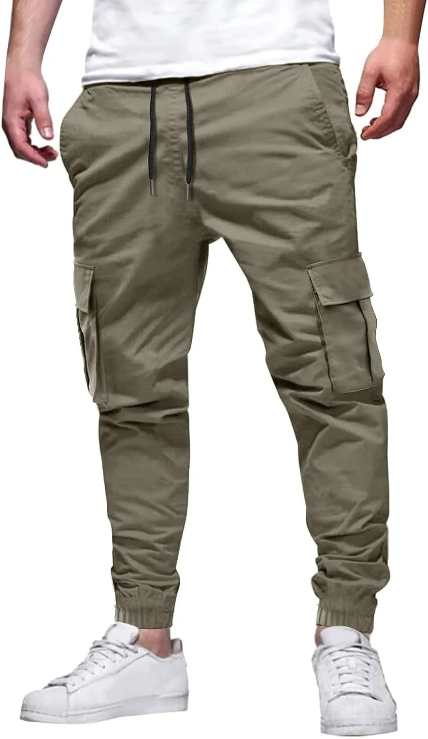 Mens Tapered Cargo Trousers Tactical Hiking Overalls Dressy Casual Military Sweatpants Lightweight Drawstring Multi-Pockets