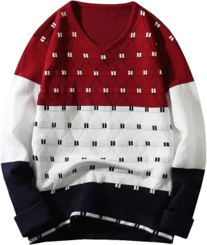Men's V-Neck Collar Sweaters Long Sleeve Patchwork Winter Dot Patterned Sweater Korean Style Casual Pullovers