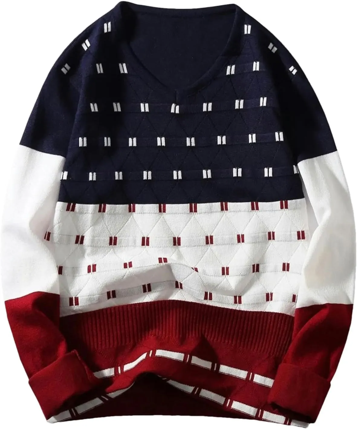 Men's V-Neck Collar Sweaters Long Sleeve Patchwork Winter Dot Patterned Sweater Korean Style Casual Pullovers