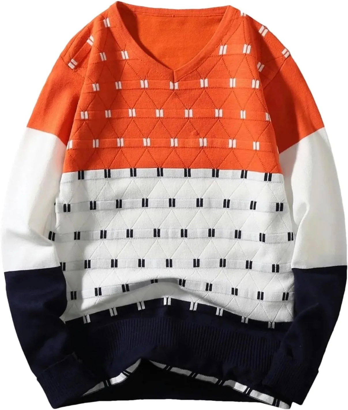 Men's V-Neck Collar Sweaters Long Sleeve Patchwork Winter Dot Patterned Sweater Korean Style Casual Pullovers
