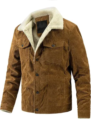 Mens Vintage Corduroy Trucker Jackets Winter Sherpa Fleece Lined Lapel Collar Button Down Warm Distressed Cowboy Coat