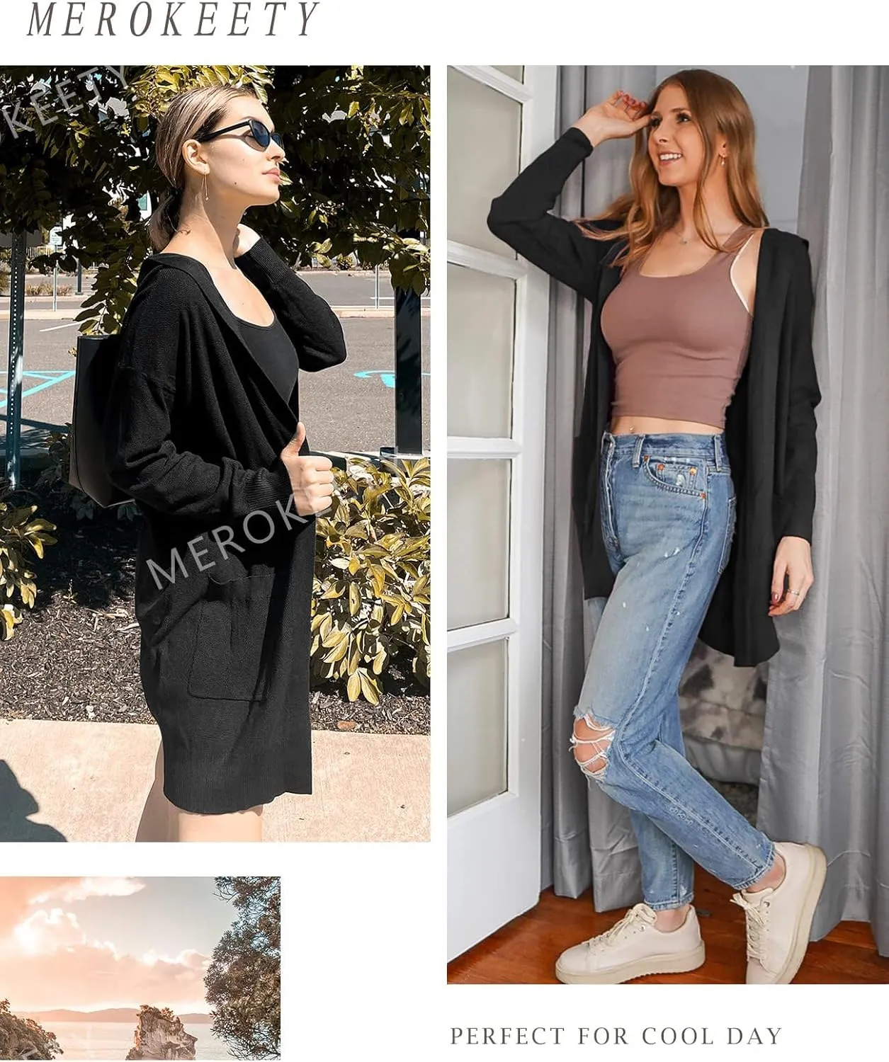 MEROKEETY Women's 2024 Long Sleeve Open Front Hoodie Knit Sweater Cardigan Outwear