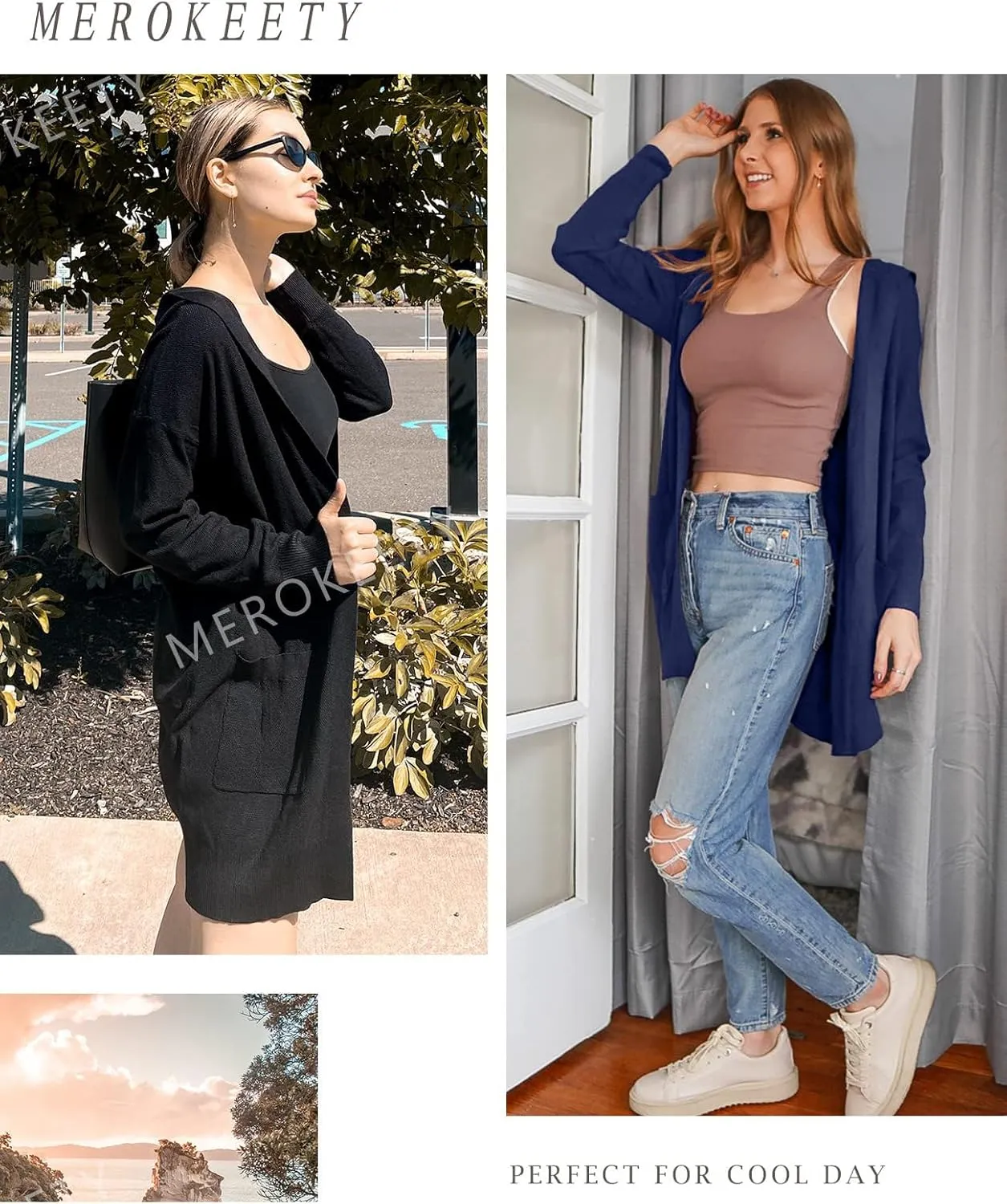 MEROKEETY Women's 2024 Long Sleeve Open Front Hoodie Knit Sweater Cardigan Outwear