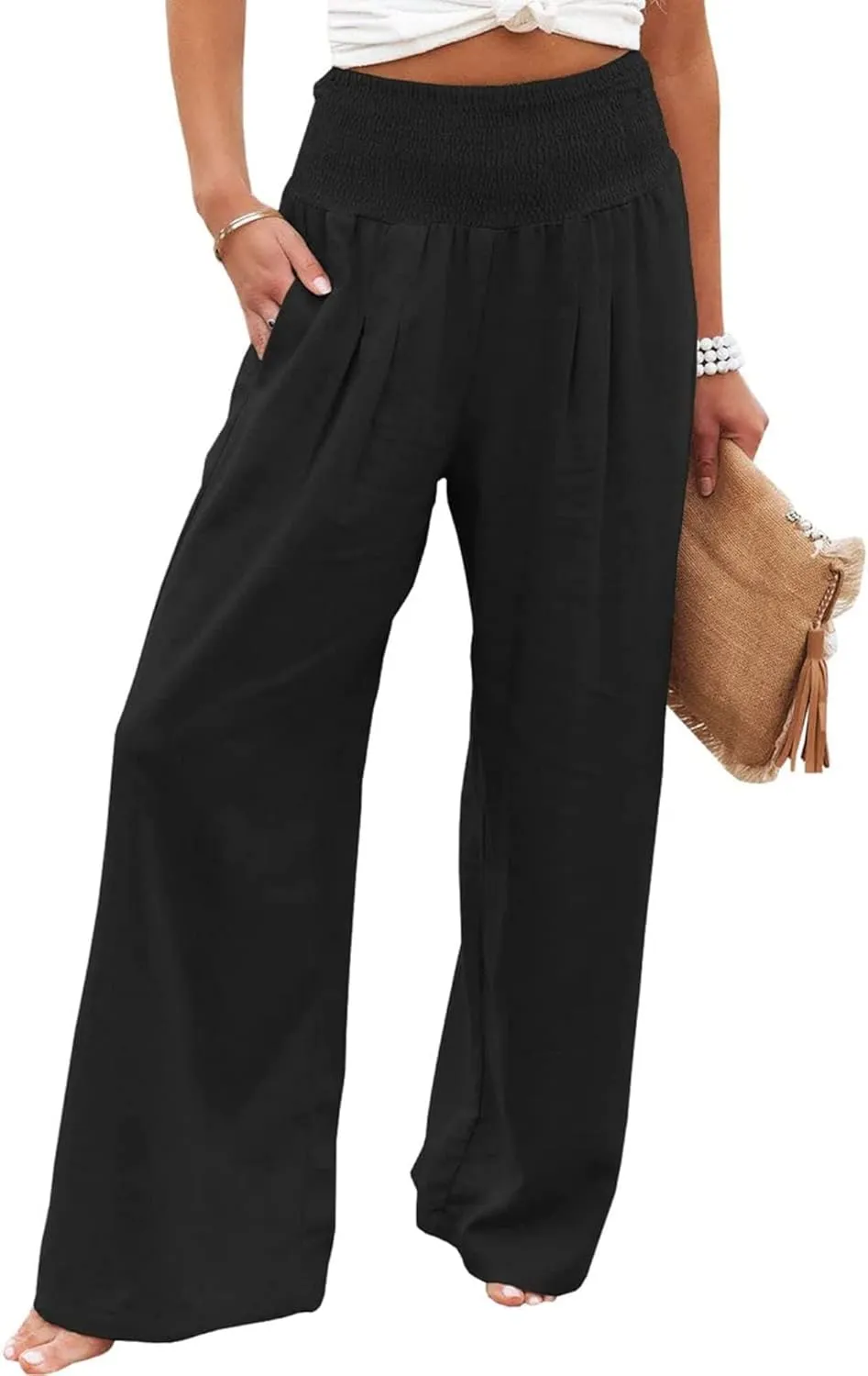Mmoneyake Women's Linen Palazzo Pants Casual High Waist Wide Leg Flowy Pants Summer Loose Lounge Beach Trousers with Pockets