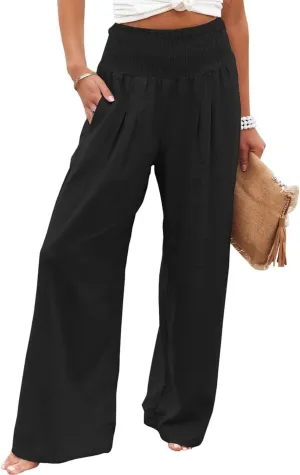 Mmoneyake Women's Linen Palazzo Pants Casual High Waist Wide Leg Flowy Pants Summer Loose Lounge Beach Trousers with Pockets