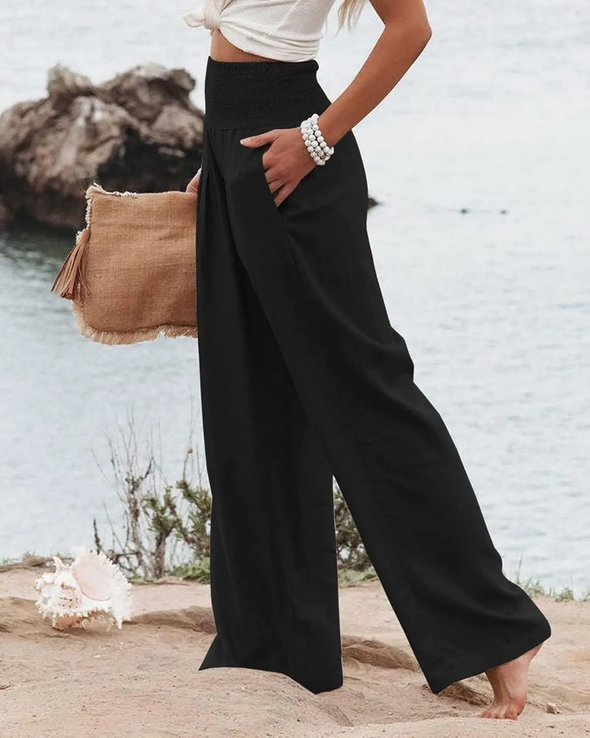 Mmoneyake Women's Linen Palazzo Pants Casual High Waist Wide Leg Flowy Pants Summer Loose Lounge Beach Trousers with Pockets