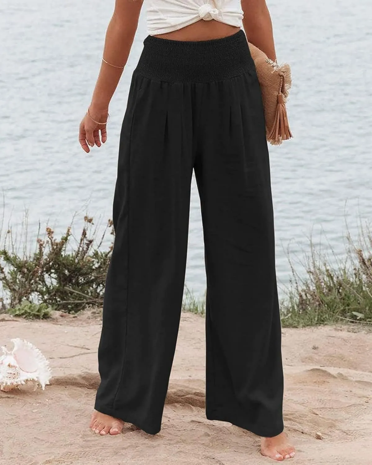 Mmoneyake Women's Linen Palazzo Pants Casual High Waist Wide Leg Flowy Pants Summer Loose Lounge Beach Trousers with Pockets