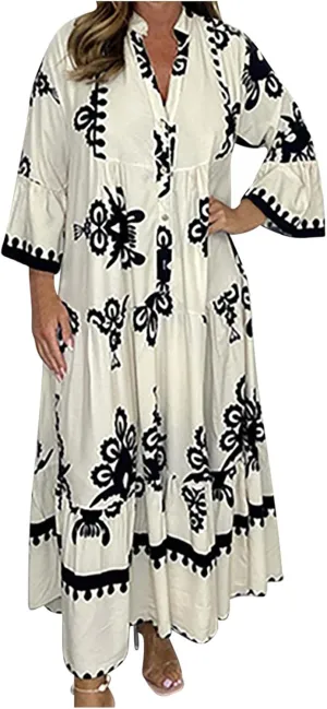 Moomoo Dresses for Women Boho Floral V Neck Kaftan Dress Loose Flared Sleeves Maxi Dress Summer Holiday Beach Caftans