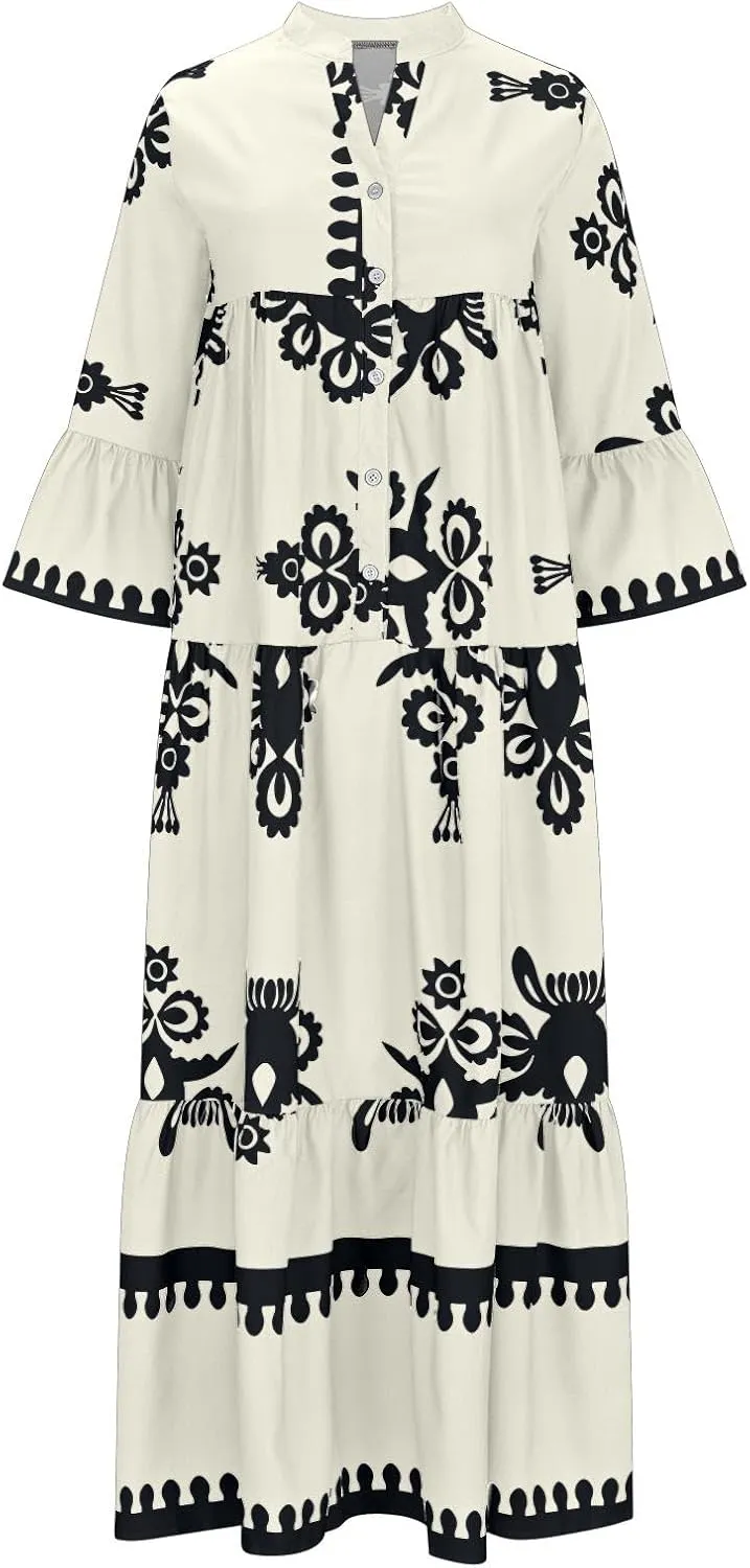 Moomoo Dresses for Women Boho Floral V Neck Kaftan Dress Loose Flared Sleeves Maxi Dress Summer Holiday Beach Caftans