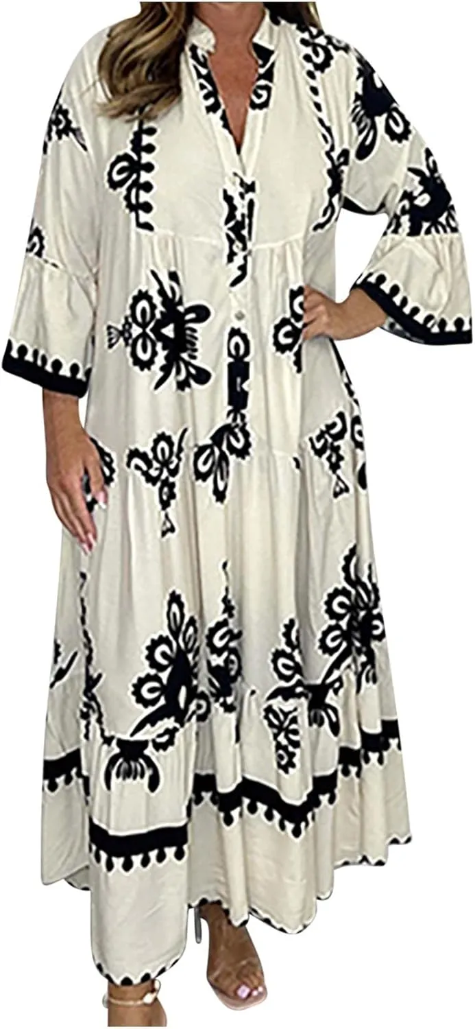 Moomoo Dresses for Women Boho Floral V Neck Kaftan Dress Loose Flared Sleeves Maxi Dress Summer Holiday Beach Caftans