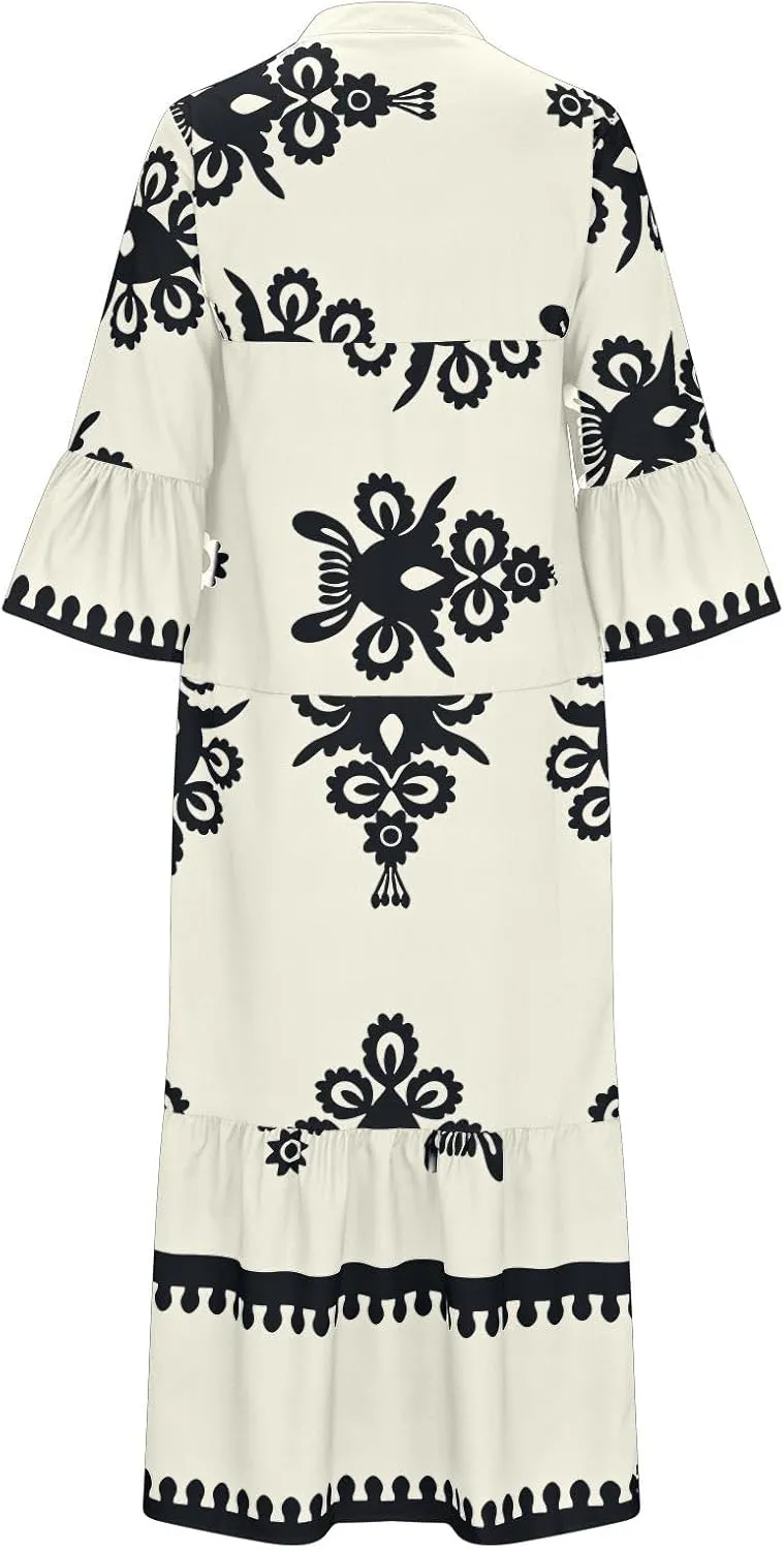 Moomoo Dresses for Women Boho Floral V Neck Kaftan Dress Loose Flared Sleeves Maxi Dress Summer Holiday Beach Caftans