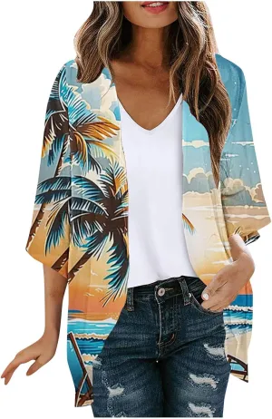 Mzkdieey Women Kimono Cardigans Casual Summer Tops Cover up Open Front Hawaiian Beach Palm Tree Print Swimwear Resort Wear