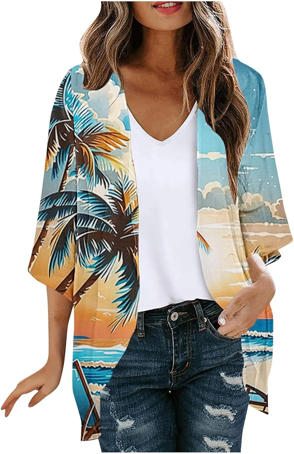 Mzkdieey Women Kimono Cardigans Casual Summer Tops Cover up Open Front Hawaiian Beach Palm Tree Print Swimwear Resort Wear