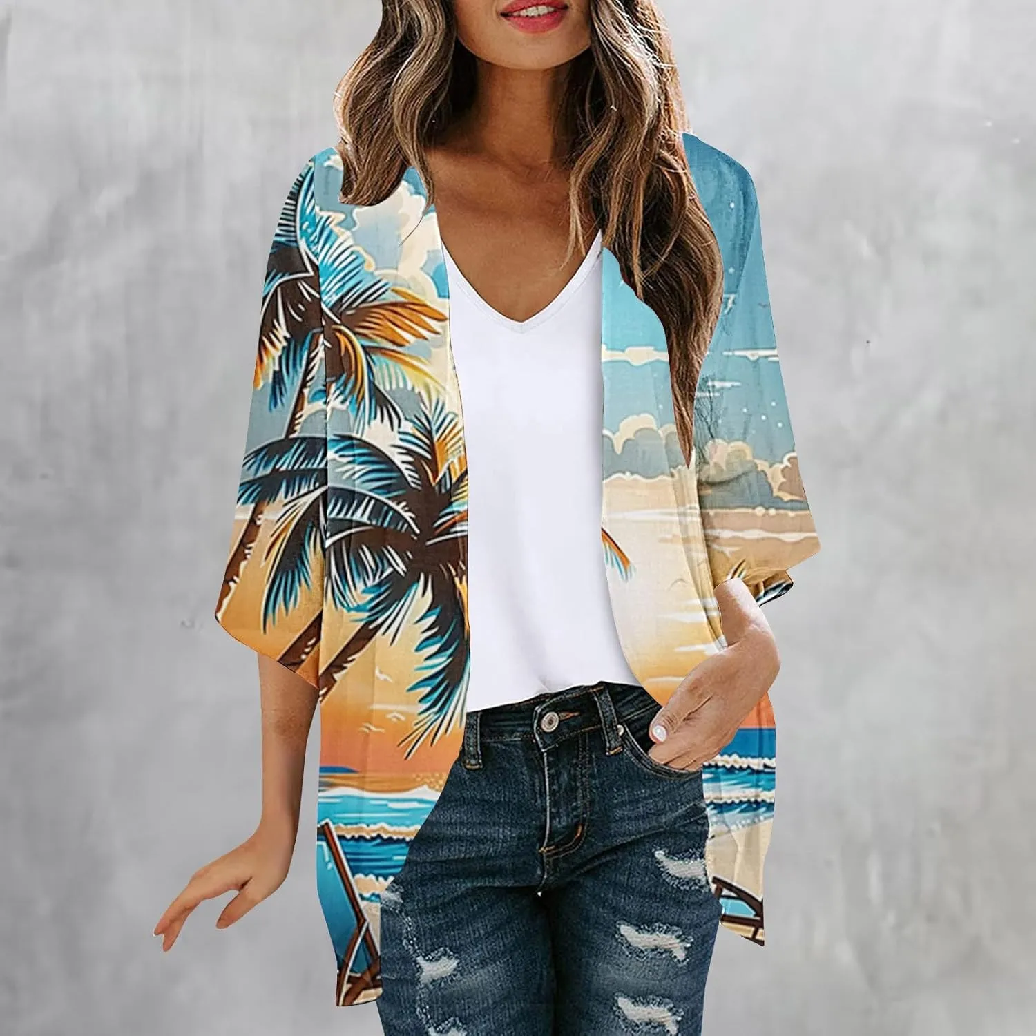 Mzkdieey Women Kimono Cardigans Casual Summer Tops Cover up Open Front Hawaiian Beach Palm Tree Print Swimwear Resort Wear