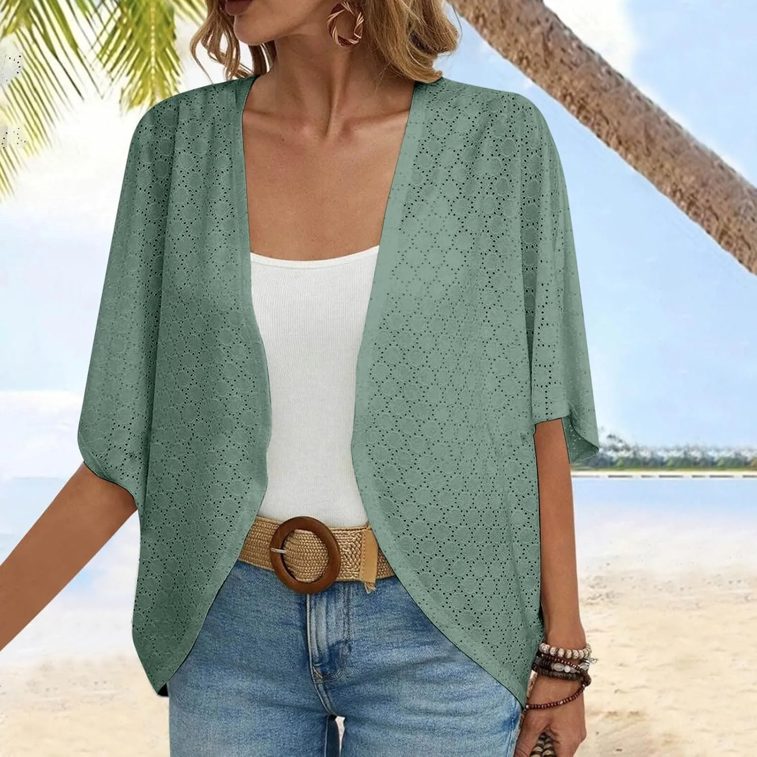 Mzkdieey Women's Eyelet Embroidery Kimono Cardigan Summer Swimsuit Cover Ups Open Front Short Sleeve Beach Robe Resort Wear