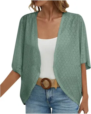 Mzkdieey Women's Eyelet Embroidery Kimono Cardigan Summer Swimsuit Cover Ups Open Front Short Sleeve Beach Robe Resort Wear