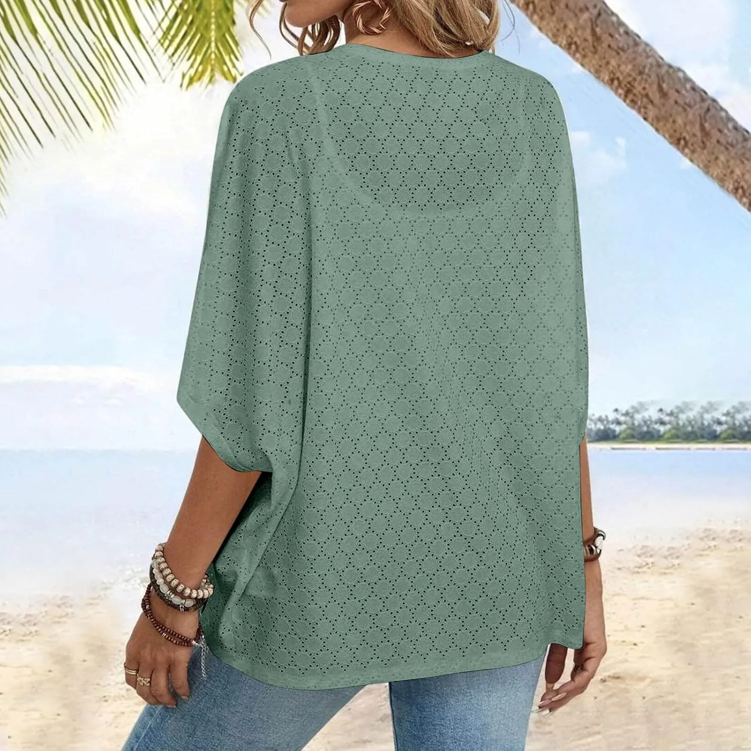 Mzkdieey Women's Eyelet Embroidery Kimono Cardigan Summer Swimsuit Cover Ups Open Front Short Sleeve Beach Robe Resort Wear
