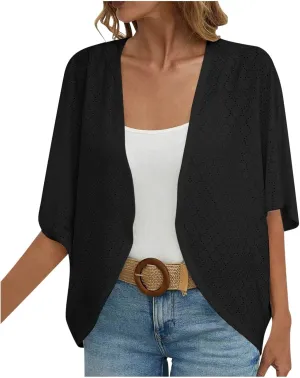 Mzkdieey Women's Eyelet Embroidery Kimono Cardigan Summer Swimsuit Cover Ups Open Front Short Sleeve Beach Robe Resort Wear