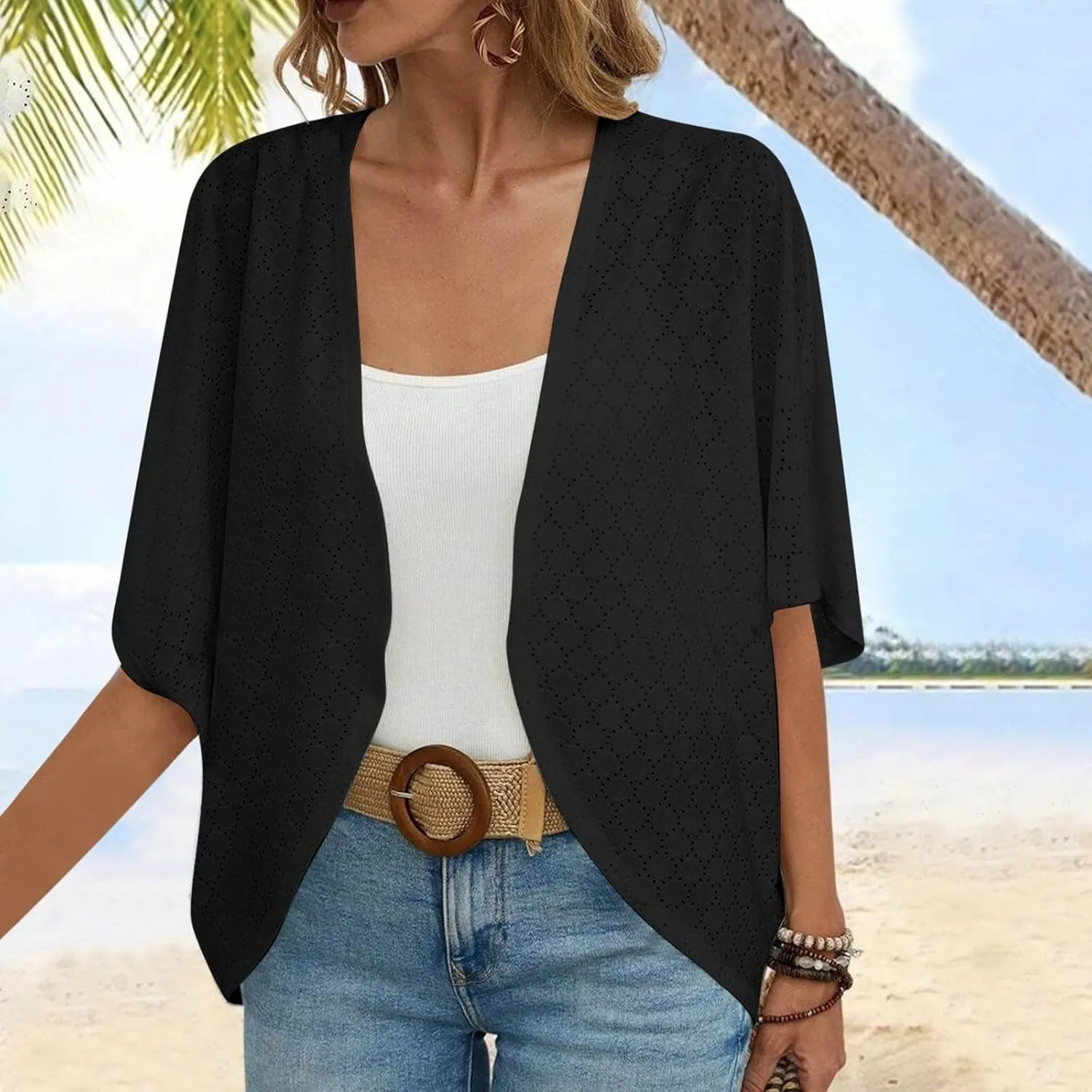 Mzkdieey Women's Eyelet Embroidery Kimono Cardigan Summer Swimsuit Cover Ups Open Front Short Sleeve Beach Robe Resort Wear
