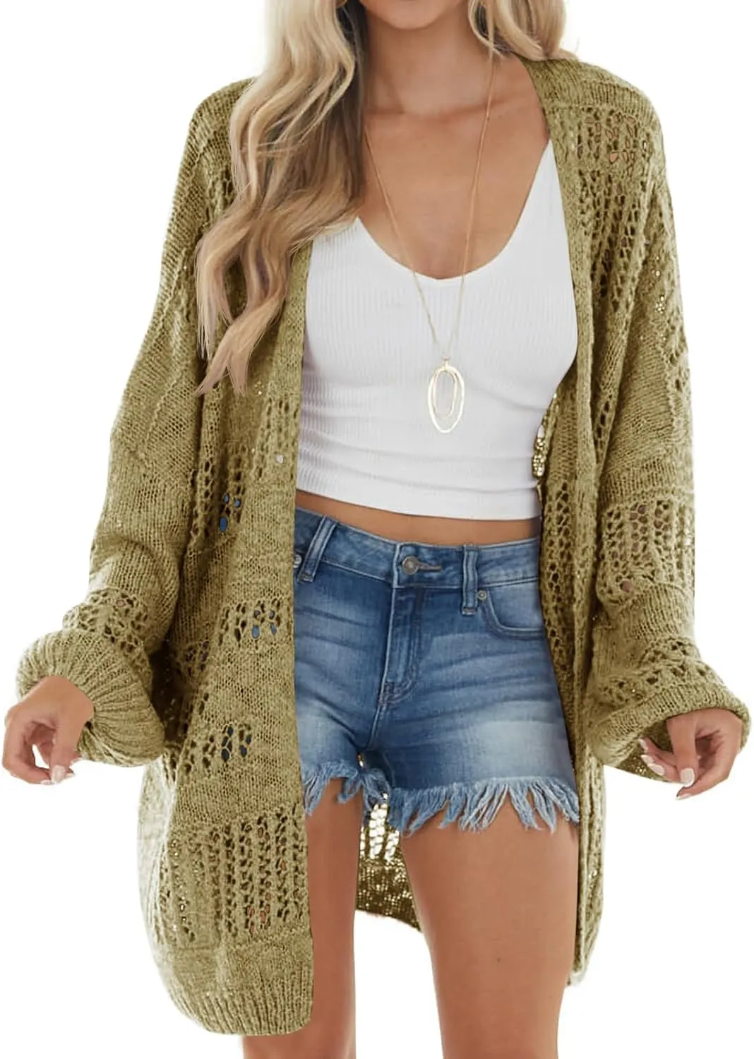 Newffr Womens Lightweight Crochet Oversized Cardigan Sweaters Kimono Boho Long Sleeve Open Front Knitted Cover Ups